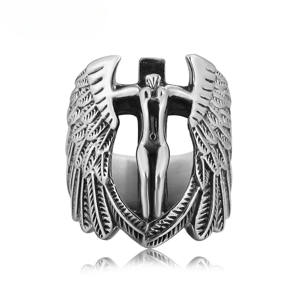 Fallen Angel Crucifix Ultra Wide Titanium Steel Ring for Men