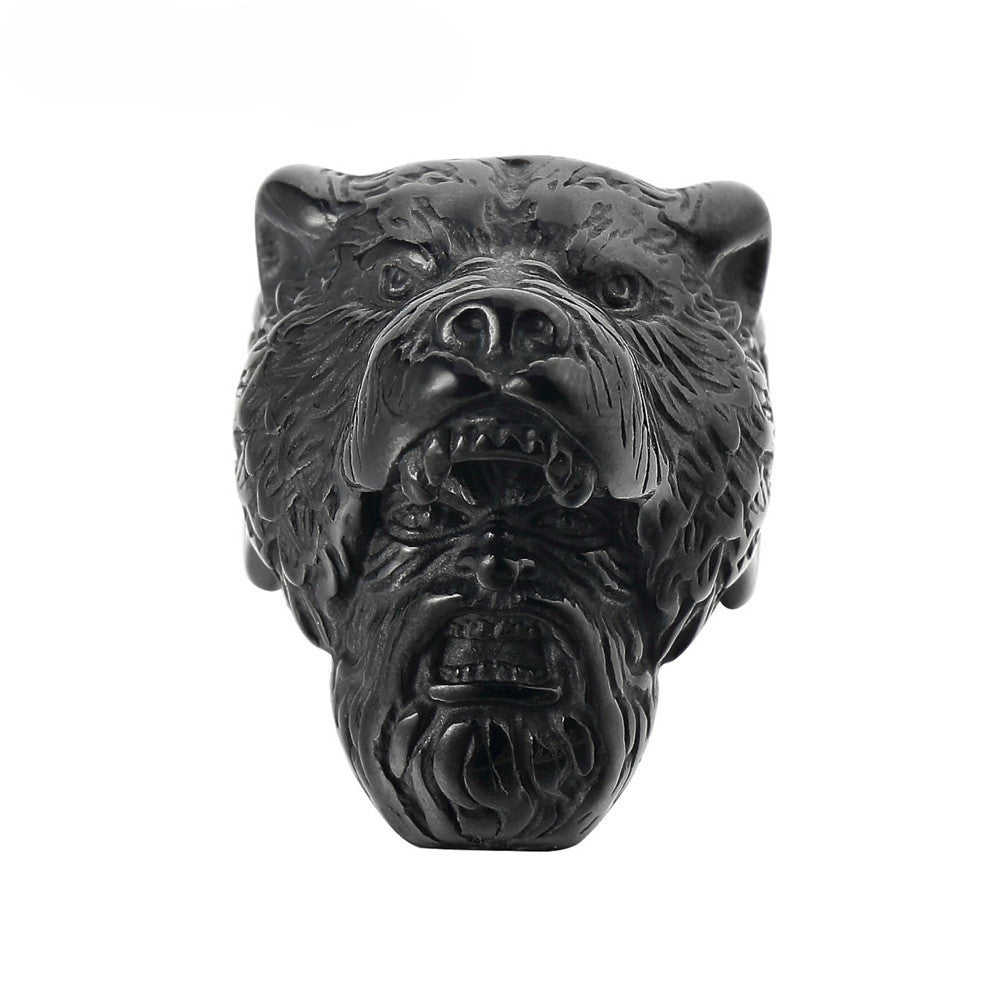 Vintage Punk Bear Head Wild Man Titanium Steel Ring for Men