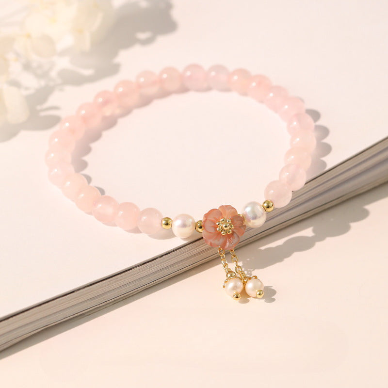 Natural Pink Crystal and Peach Blossom Pearl Best Friend Bracelet