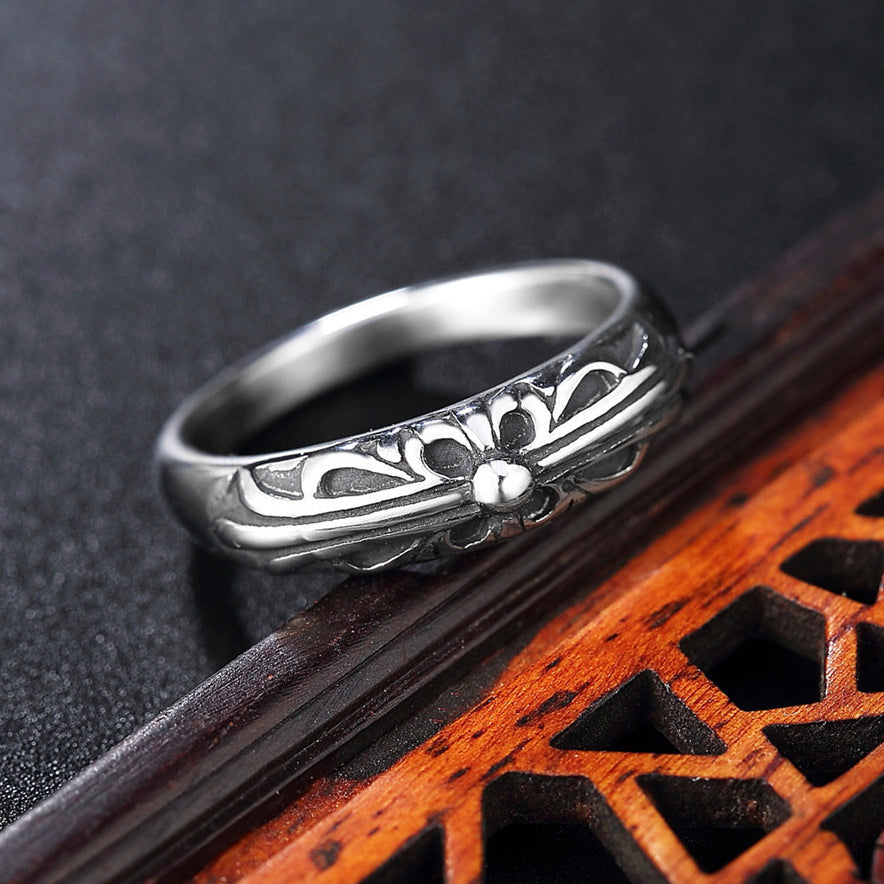 Long Cross Flower Titanium Steel Ring for Men