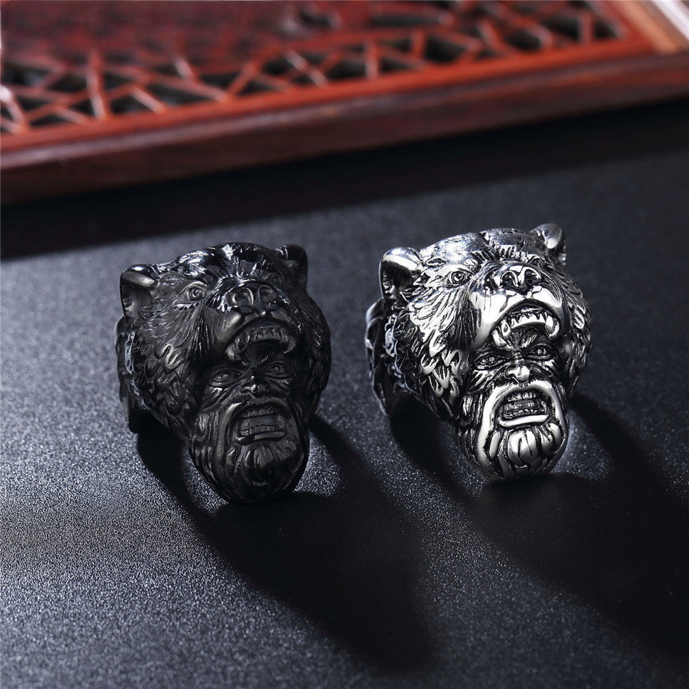 Vintage Punk Bear Head Wild Man Titanium Steel Ring for Men