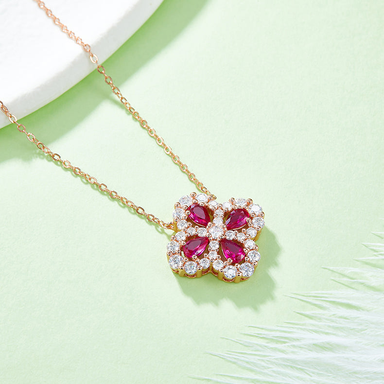 Four Leaves Clover Red Zircon Necklace