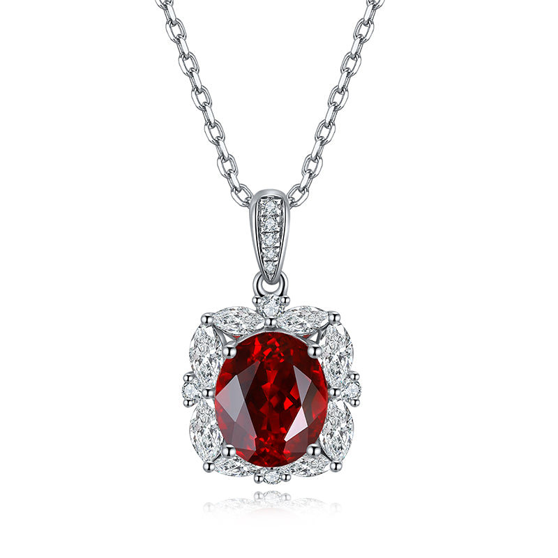 3.6 Carat Oval Lab Created Ruby Pendant Necklace with Rectangular Halo in 925 Silver Plated Platinum - Pigeon Blood Red