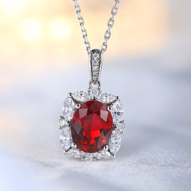 3.6 Carat Oval Lab Created Ruby Pendant Necklace with Rectangular Halo in 925 Silver Plated Platinum - Pigeon Blood Red