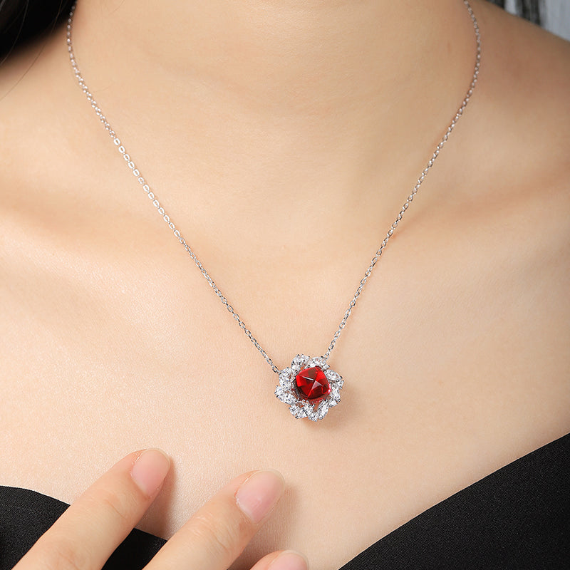 3.3 Carat Square Lab Created Gemstone Necklace with Petal Halo in S925 Silver Plating