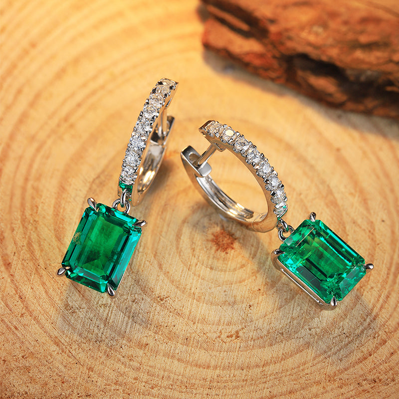 2.75 Carat Rectangular Lab Created Emerald Pendant in Sterling Silver Plated Platinum Hoop Earrings