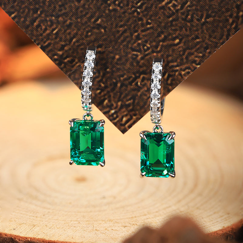 2.75 Carat Rectangular Lab Created Emerald Pendant in Sterling Silver Plated Platinum Hoop Earrings