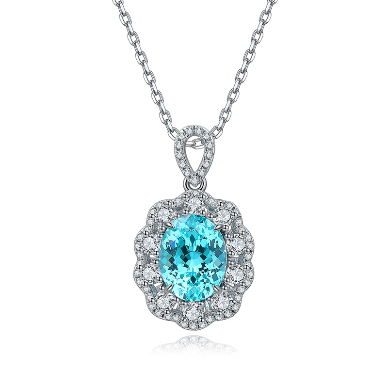 3.0 Carat Oval Lab Created Paraiba Gemstone Halo Pendant Necklace in S925 Silver Plating