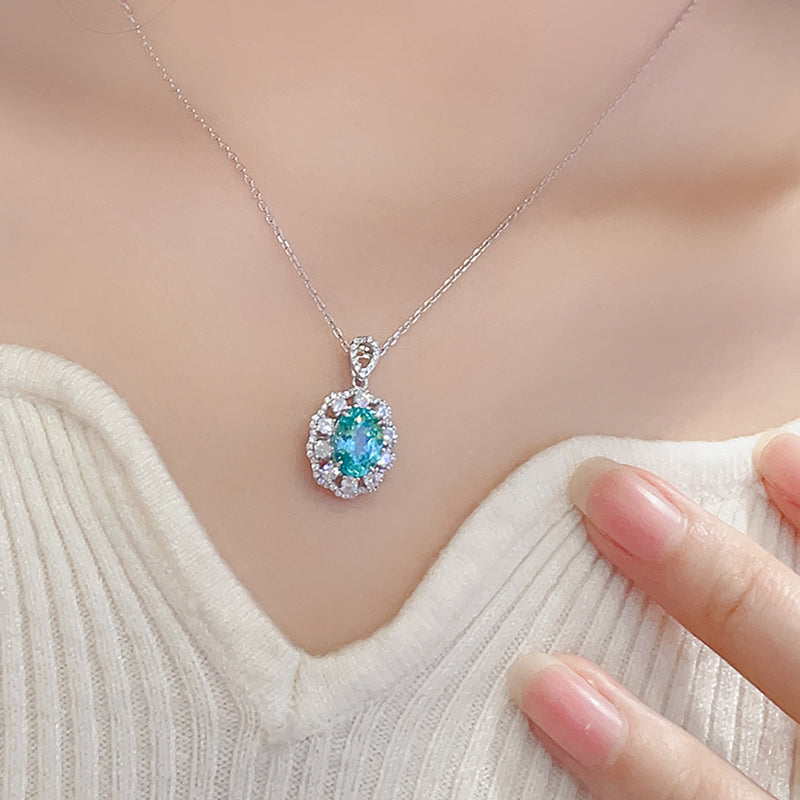 3.0 Carat Oval Lab Created Paraiba Gemstone Halo Pendant Necklace in S925 Silver Plating