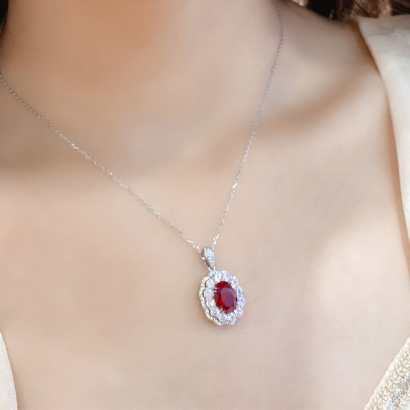 3.0 Carat Oval Lab-Created Ruby Halo Pendant in S925 Silver-Plated Platinum Necklace