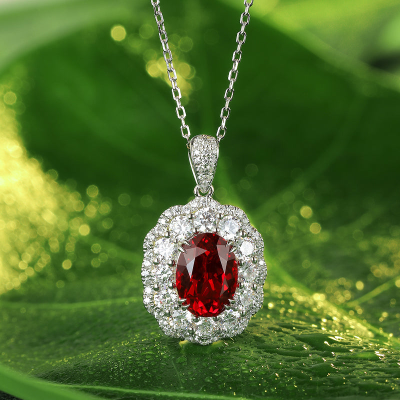 3.0 Carat Oval Lab-Created Ruby Halo Pendant in S925 Silver-Plated Platinum Necklace