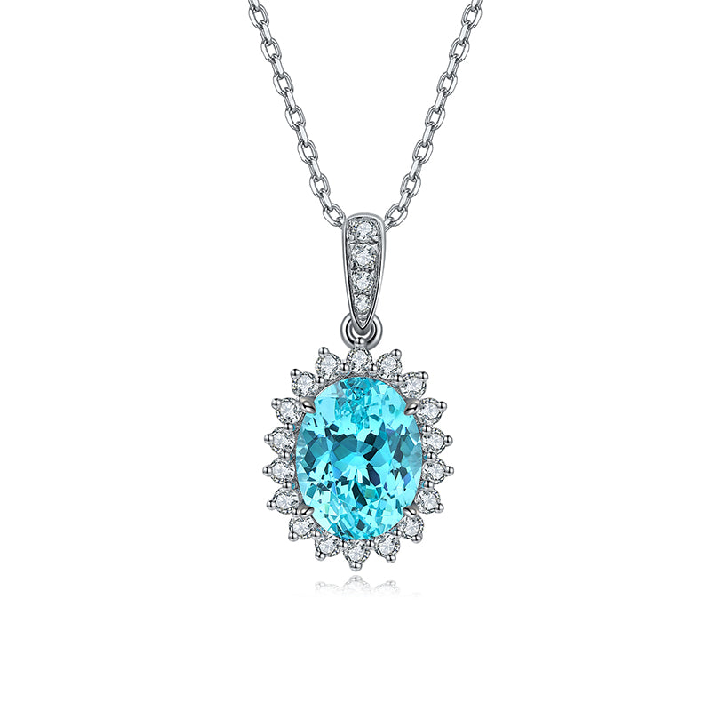 2.0 Carat Oval Lab Created Colored Gemstone Necklace with Halo in S925 Silver Plated Platinum