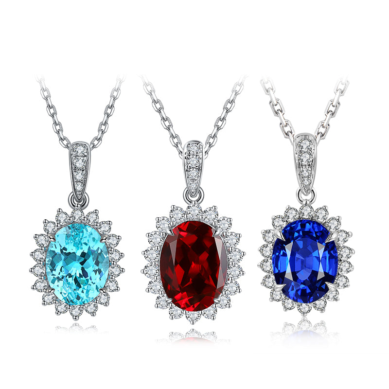 2.0 Carat Oval Lab Created Colored Gemstone Necklace with Halo in S925 Silver Plated Platinum