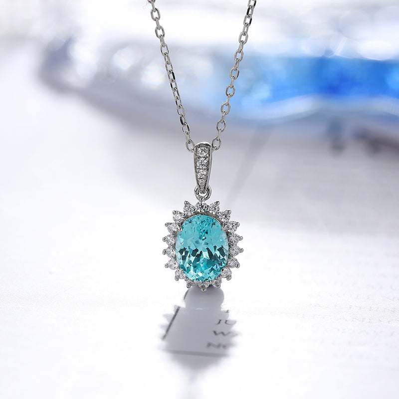 2.0 Carat Oval Lab Created Colored Gemstone Necklace with Halo in S925 Silver Plated Platinum