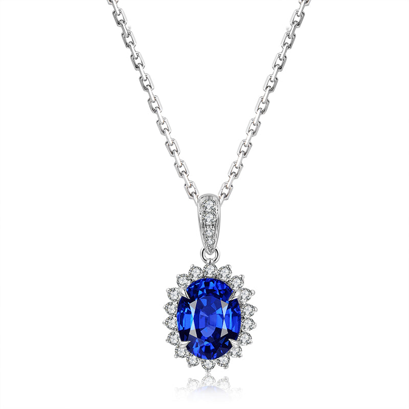 2.0 Carat Oval Lab Created Colored Gemstone Necklace with Halo in S925 Silver Plated Platinum