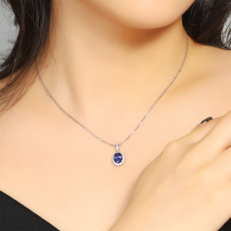 2.0 Carat Oval Lab Created Colored Gemstone Necklace with Halo in S925 Silver Plated Platinum