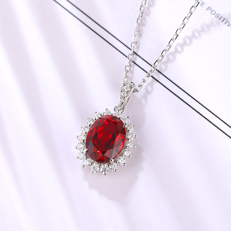 2.0 Carat Oval Lab Created Colored Gemstone Necklace with Halo in S925 Silver Plated Platinum