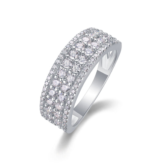 1.068 Carat Moissanite Platinum-Plated Sterling Silver Ring with Four Rows of Round Stones