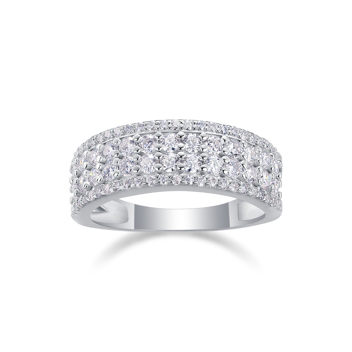 1.068 Carat Moissanite Platinum-Plated Sterling Silver Ring with Four Rows of Round Stones