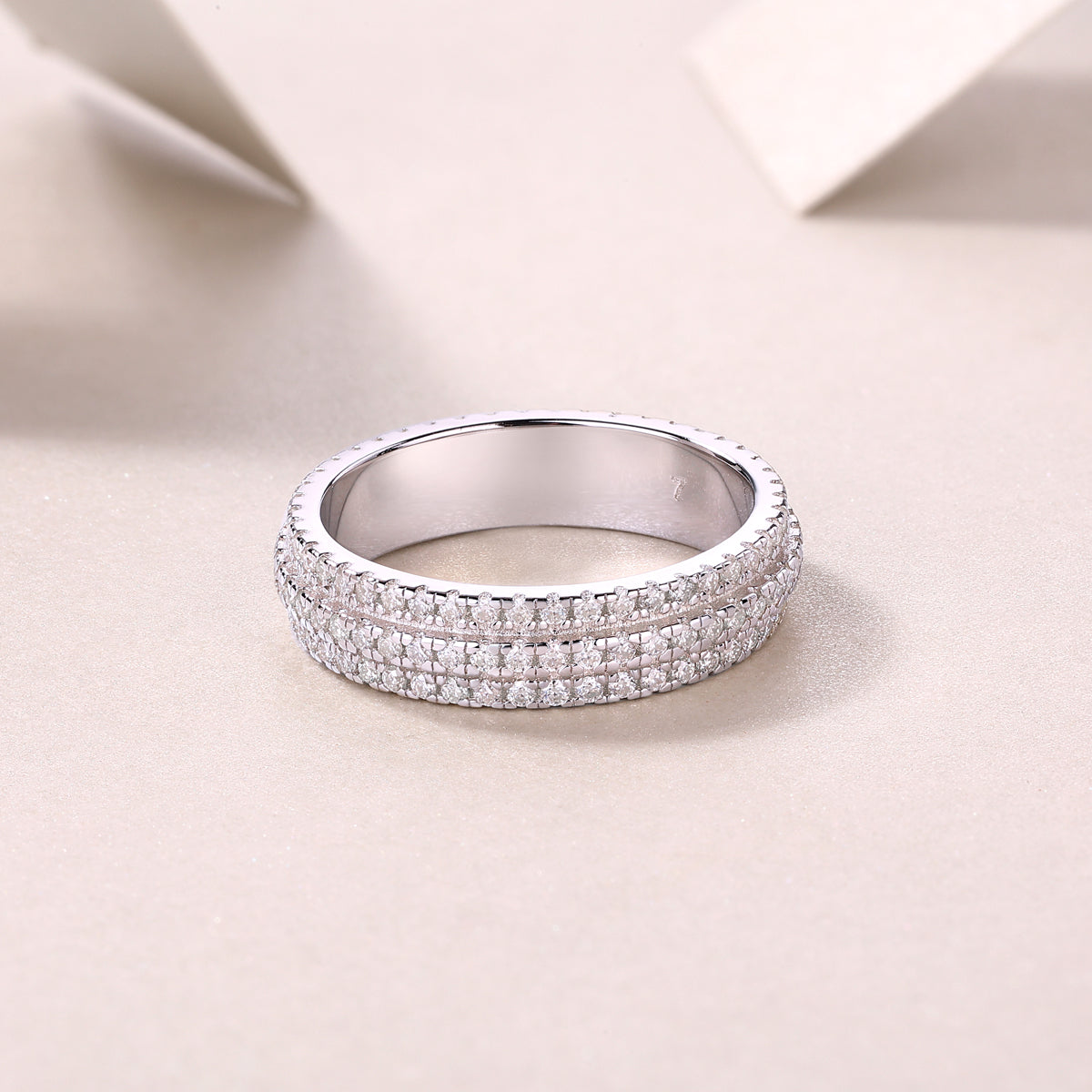 0.84 Carat Moissanite Eternity Ring with Three Rows of Round Stones in S925 Silver and Platinum Finish