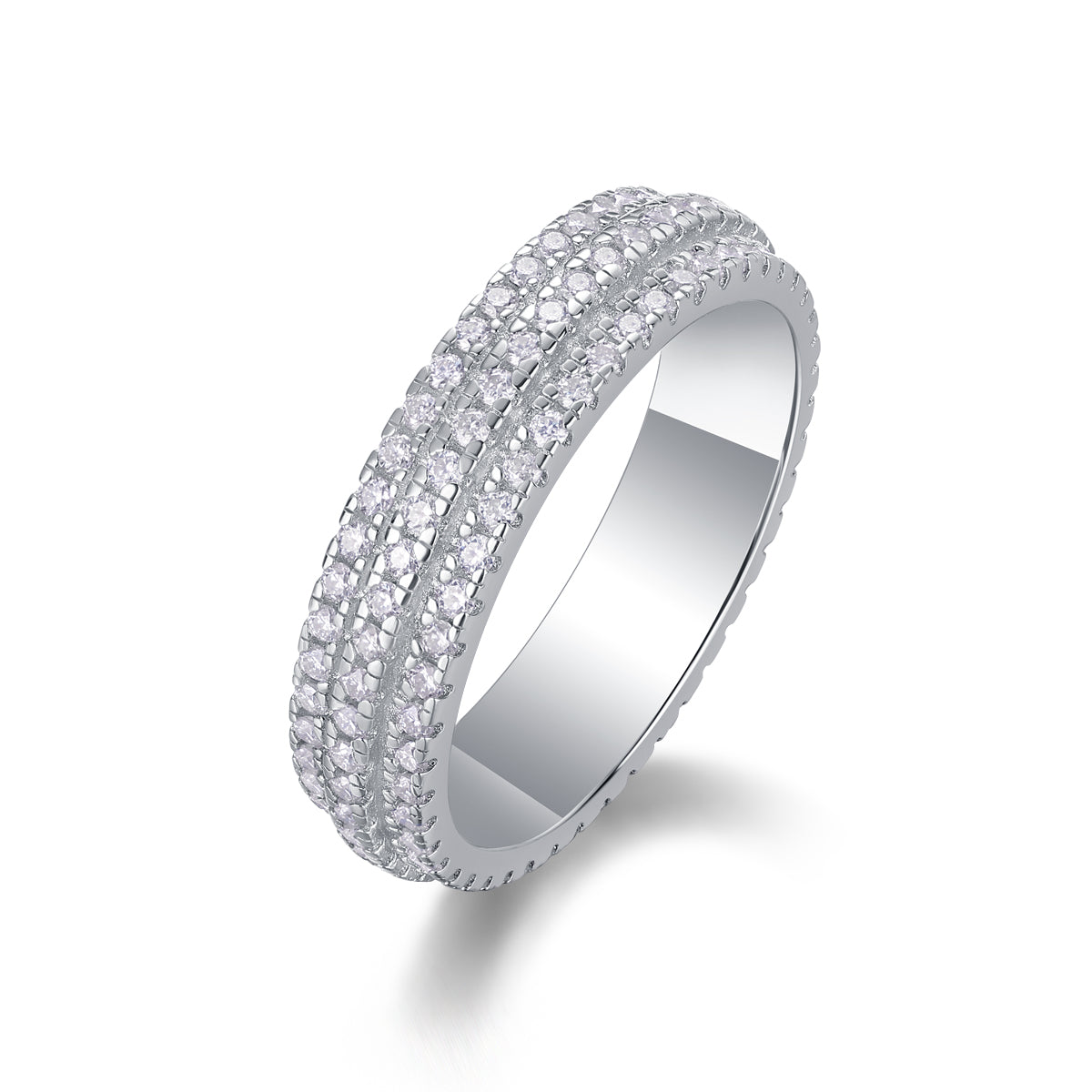 0.84 Carat Moissanite Eternity Ring with Three Rows of Round Stones in S925 Silver and Platinum Finish