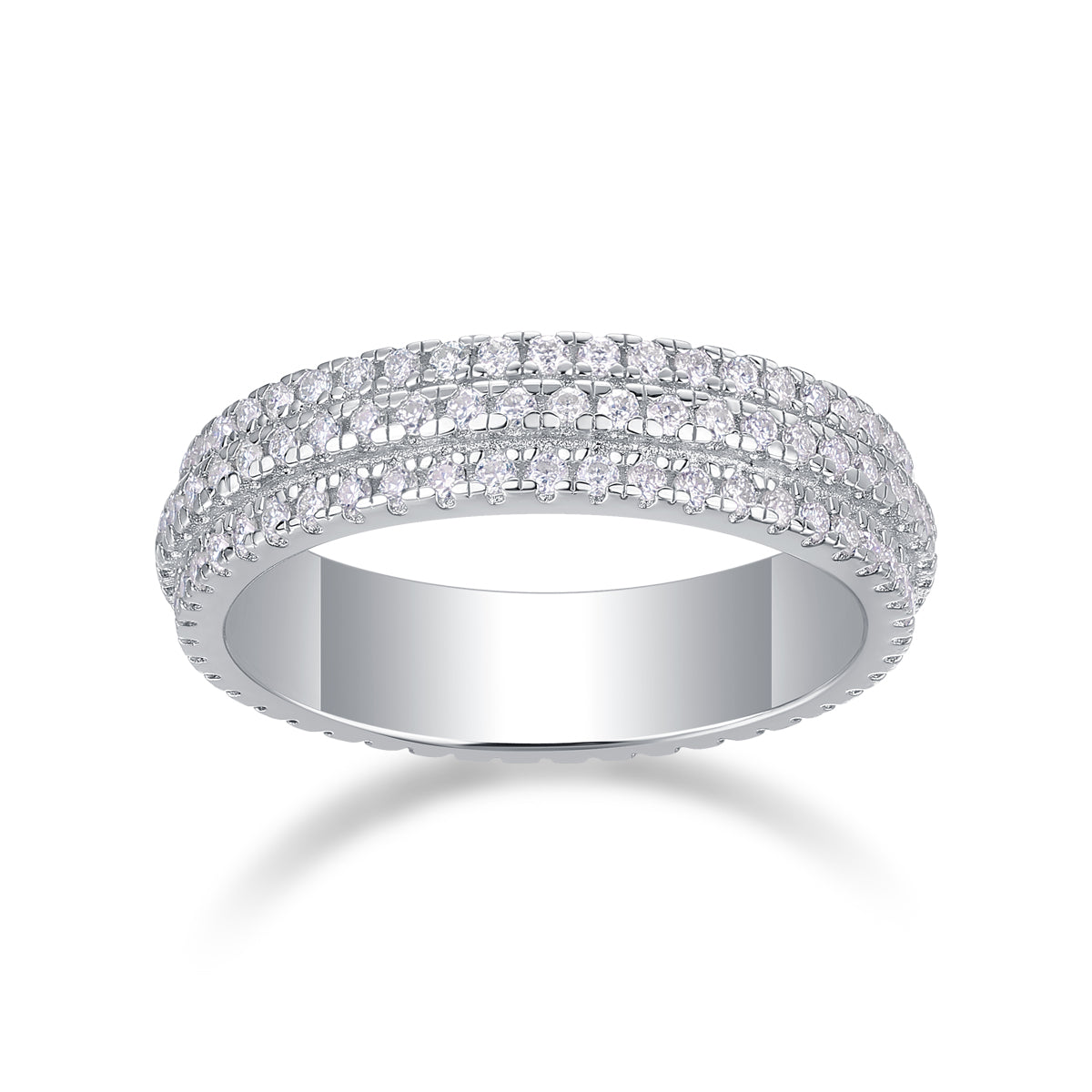 0.84 Carat Moissanite Eternity Ring with Three Rows of Round Stones in S925 Silver and Platinum Finish