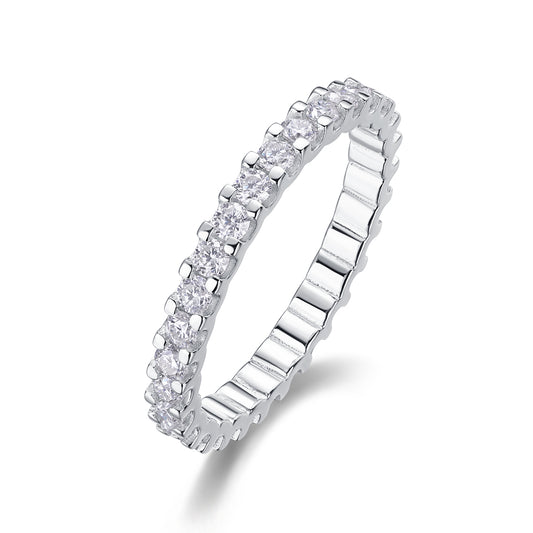 0.9 Carat Round Moissanite Eternity Ring in S925 Silver with Platinum Plating - Four Prong Design