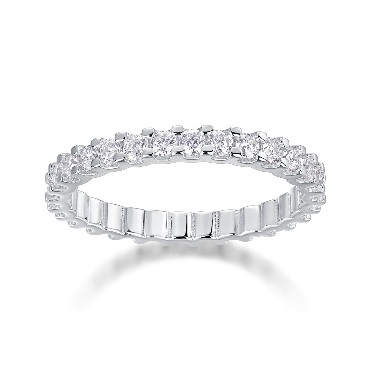 0.9 Carat Round Moissanite Eternity Ring in S925 Silver with Platinum Plating - Four Prong Design