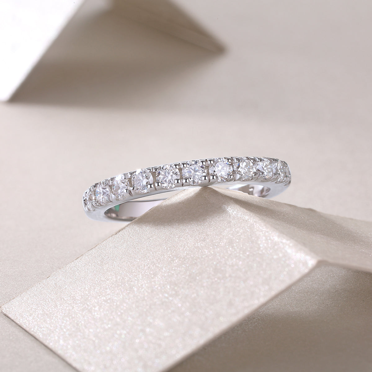 0.48 Carat Half Eternity Ring with Round Moissanite in S925 Silver Plated Platinum