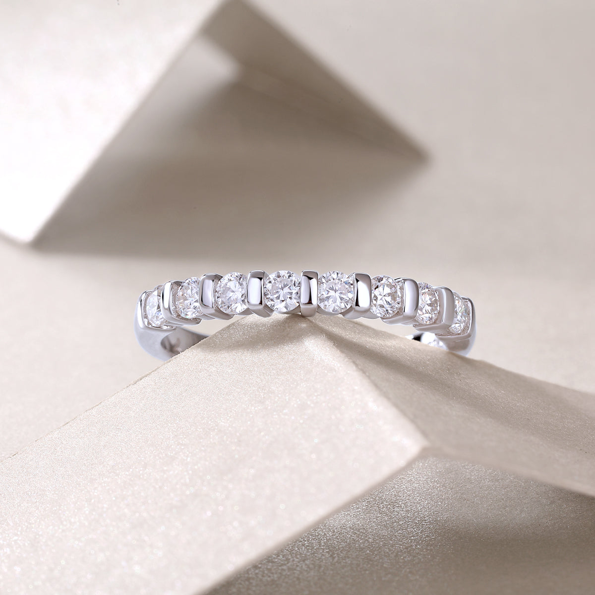 0.48 Carat Beaded Round Moissanite Half Eternity Ring in S925 Silver with Platinum Plating