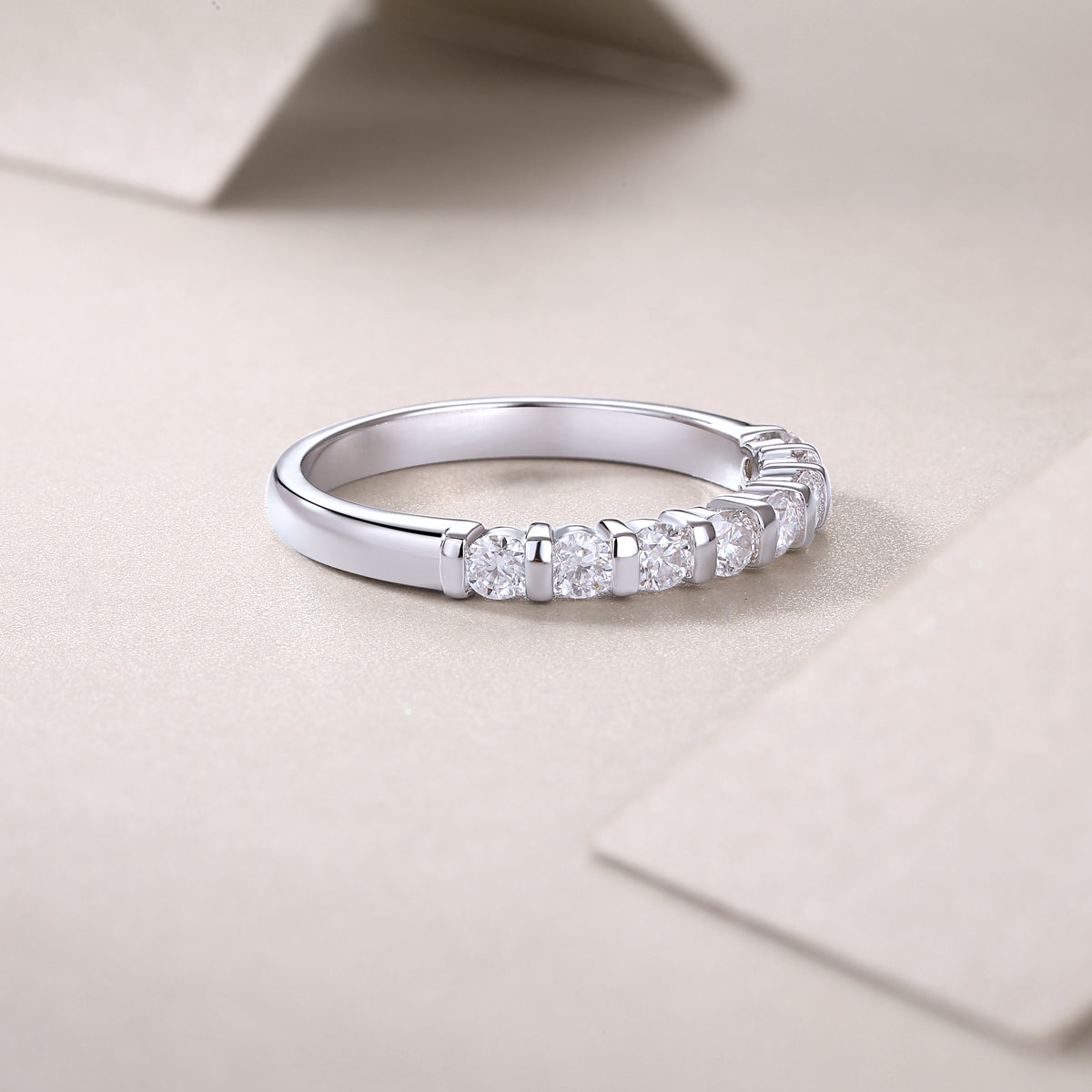 0.48 Carat Beaded Round Moissanite Half Eternity Ring in S925 Silver with Platinum Plating