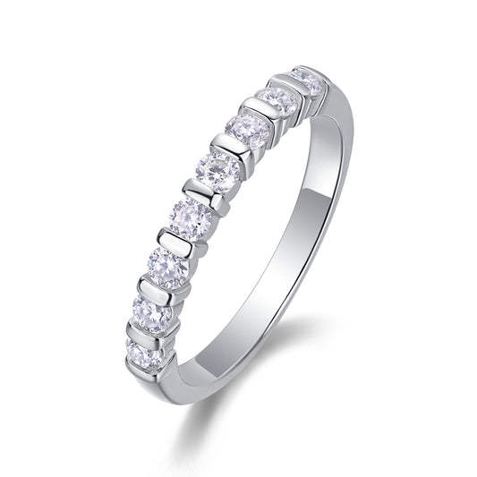 0.48 Carat Beaded Round Moissanite Half Eternity Ring in S925 Silver with Platinum Plating