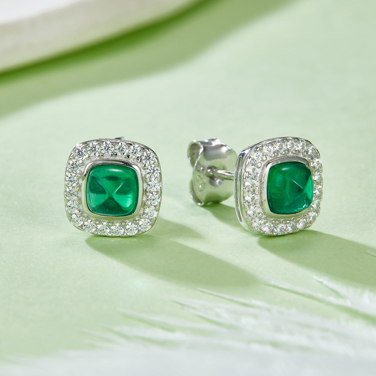 0.79 Carat Cushion Cut Lab Created Emerald Halo Stud Earrings in S925 Silver Plated Platinum