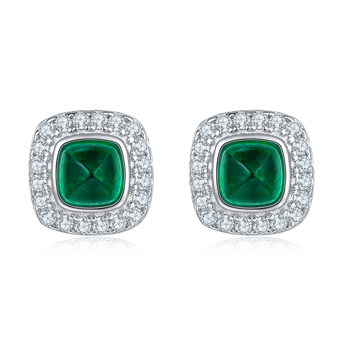 0.79 Carat Cushion Cut Lab Created Emerald Halo Stud Earrings in S925 Silver Plated Platinum