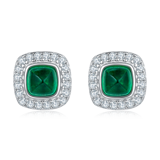 0.79 Carat Cushion Cut Lab Created Emerald Halo Stud Earrings in S925 Silver Plated Platinum