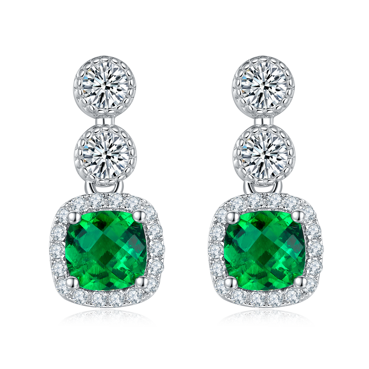 0.98 Carat Cushion Cut Lab Created Emerald Halo Drop Earrings in S925 Silver Plated Platinum