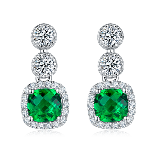 0.98 Carat Cushion Cut Lab Created Emerald Halo Drop Earrings in S925 Silver Plated Platinum