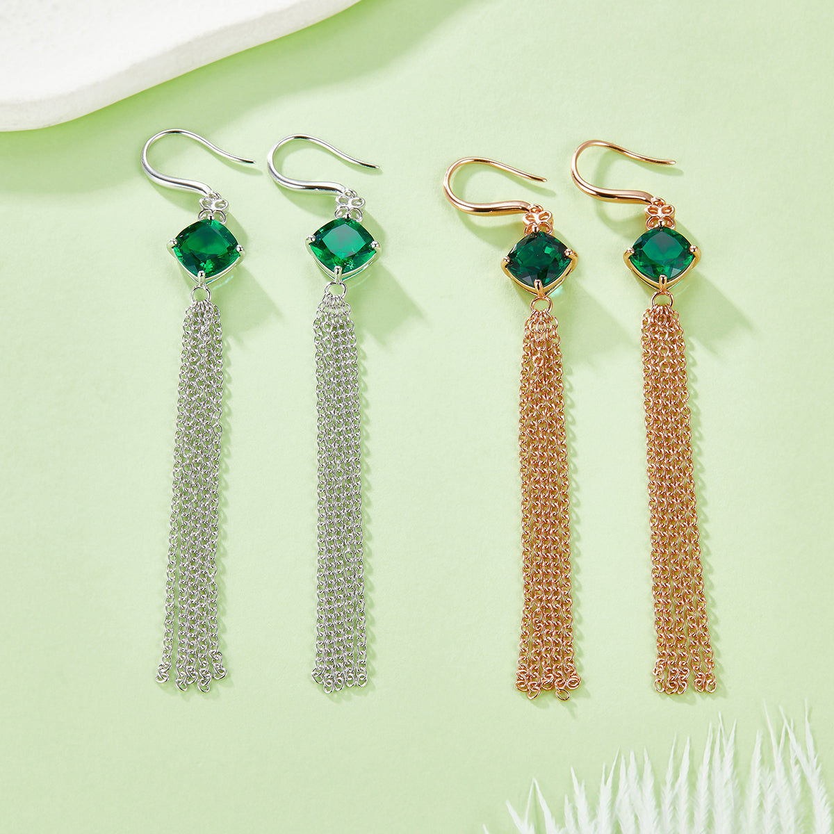 3.7 Carat Cushion Cut Lab Created Emerald Silver Tassel Earrings