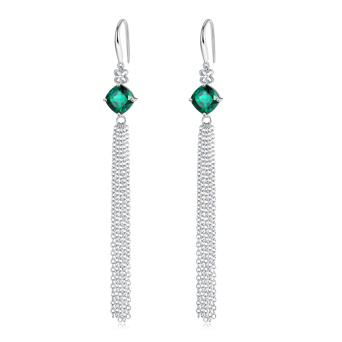 3.7 Carat Cushion Cut Lab Created Emerald Silver Tassel Earrings