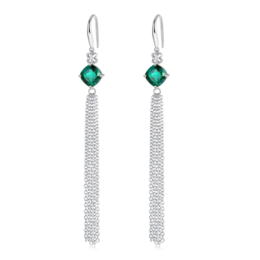 3.7 Carat Cushion Cut Lab Created Emerald Silver Tassel Earrings