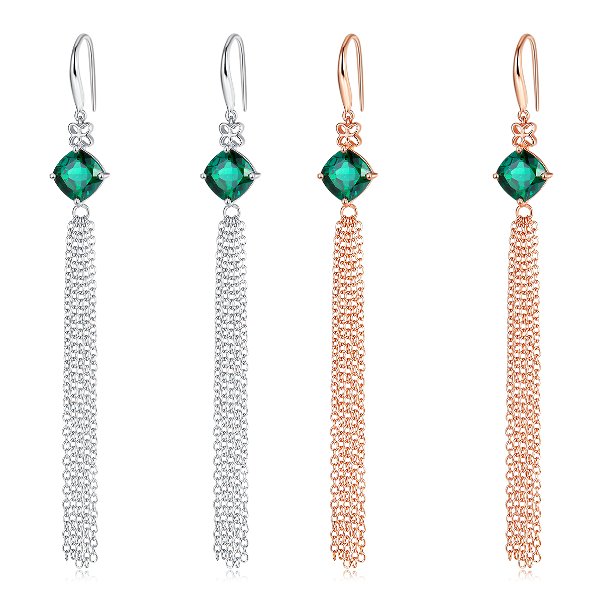 3.7 Carat Cushion Cut Lab Created Emerald Silver Tassel Earrings