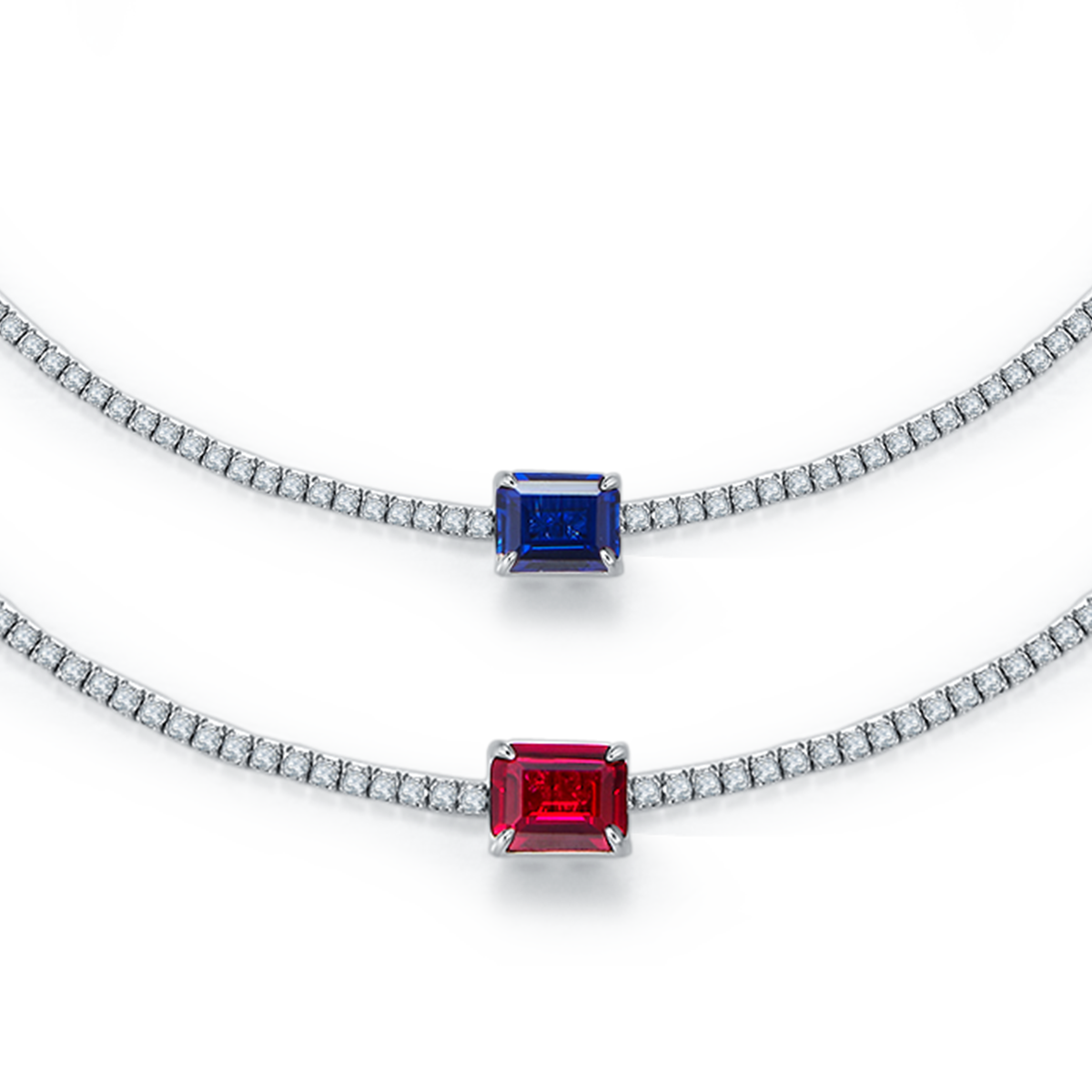 4.0 Carat Rectangular Lab-Grown Sapphire and Ruby Tennis Necklace in S925 Silver and Platinum Finish