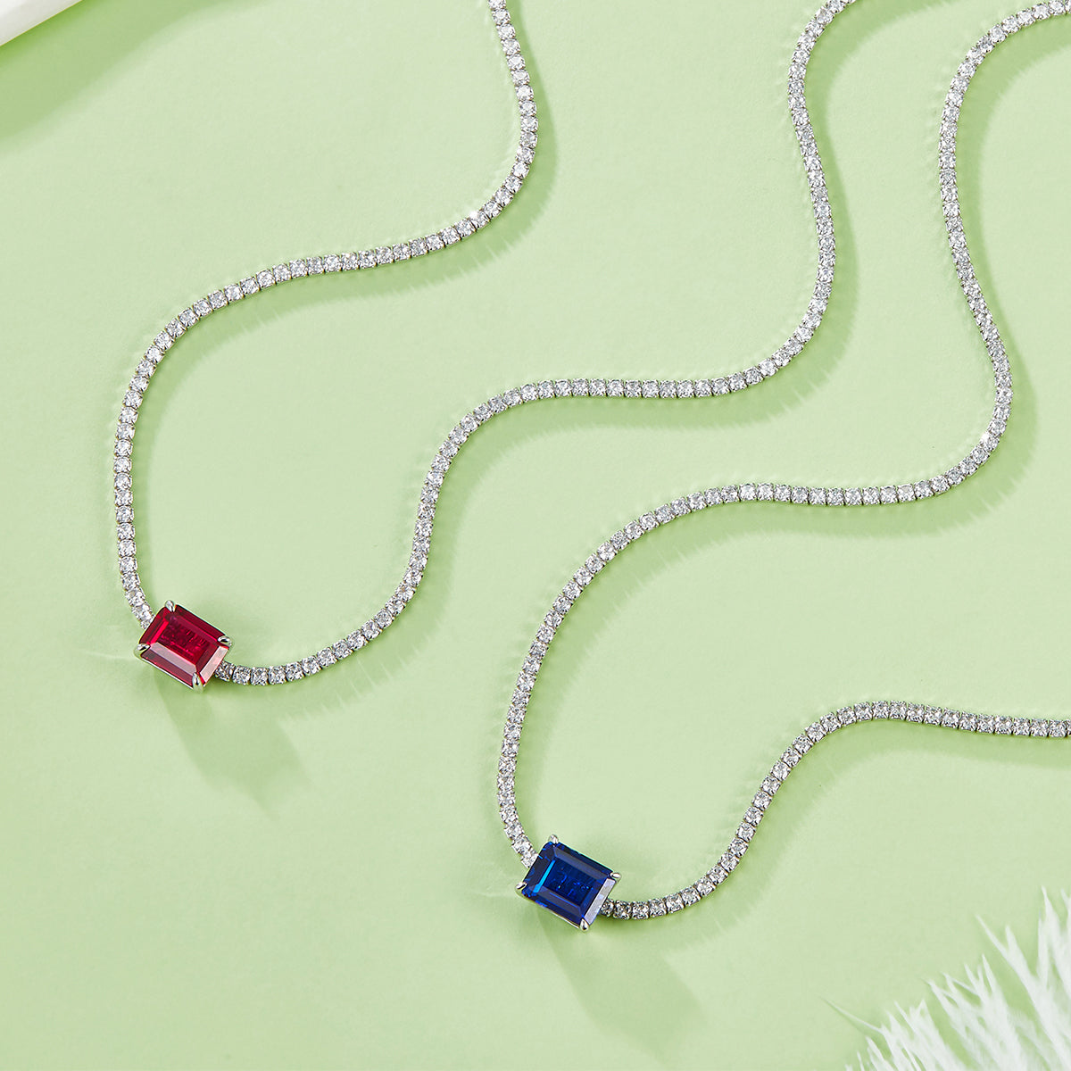 4.0 Carat Rectangular Lab-Grown Sapphire and Ruby Tennis Necklace in S925 Silver and Platinum Finish