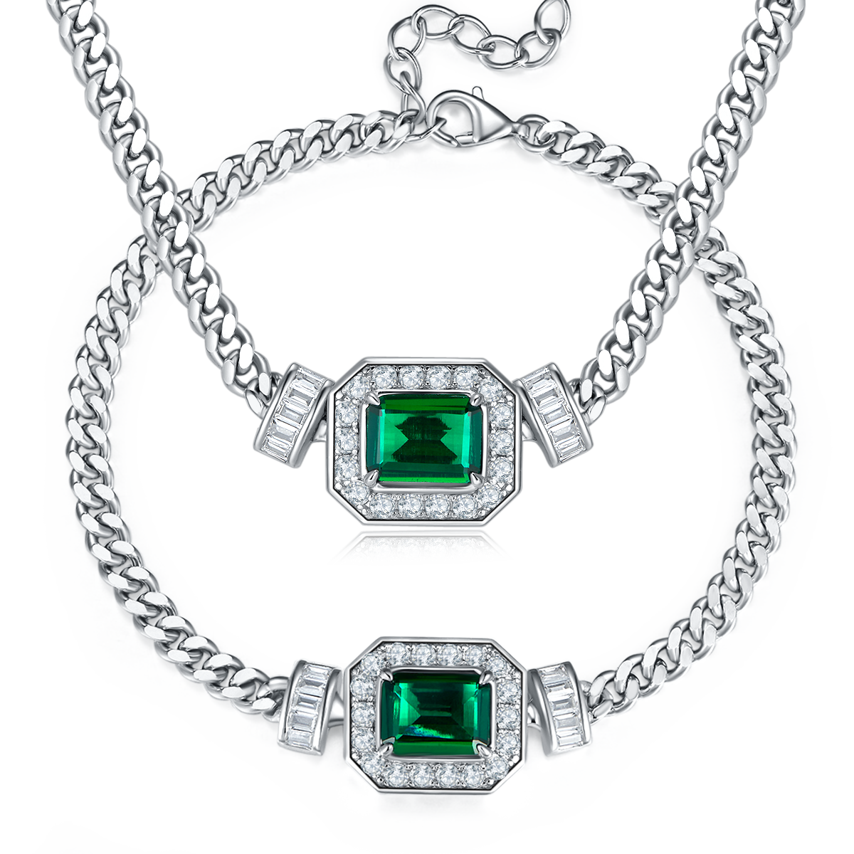 1.83 Carat Rectangular Lab Created Emerald Halo Necklace and Bracelet Set in S925 Silver Plated Platinum