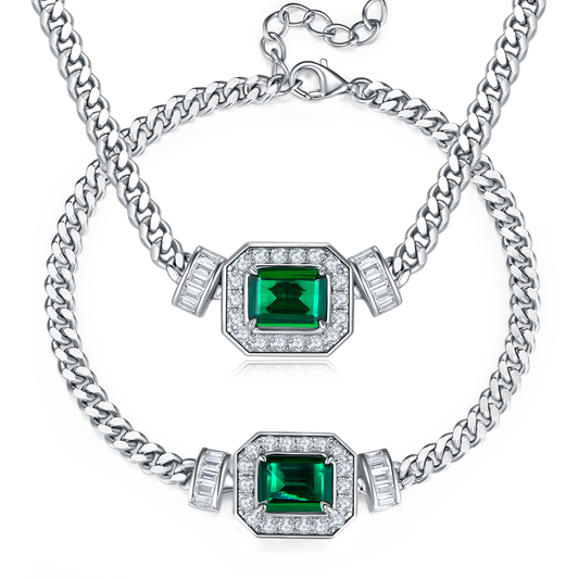 1.83 Carat Rectangular Lab Created Emerald Halo Necklace and Bracelet Set in S925 Silver Plated Platinum