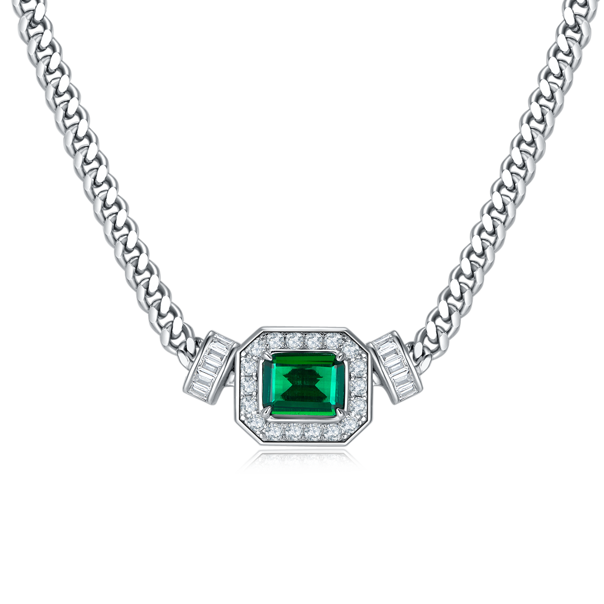 1.83 Carat Rectangular Lab Created Emerald Halo Necklace and Bracelet Set in S925 Silver Plated Platinum