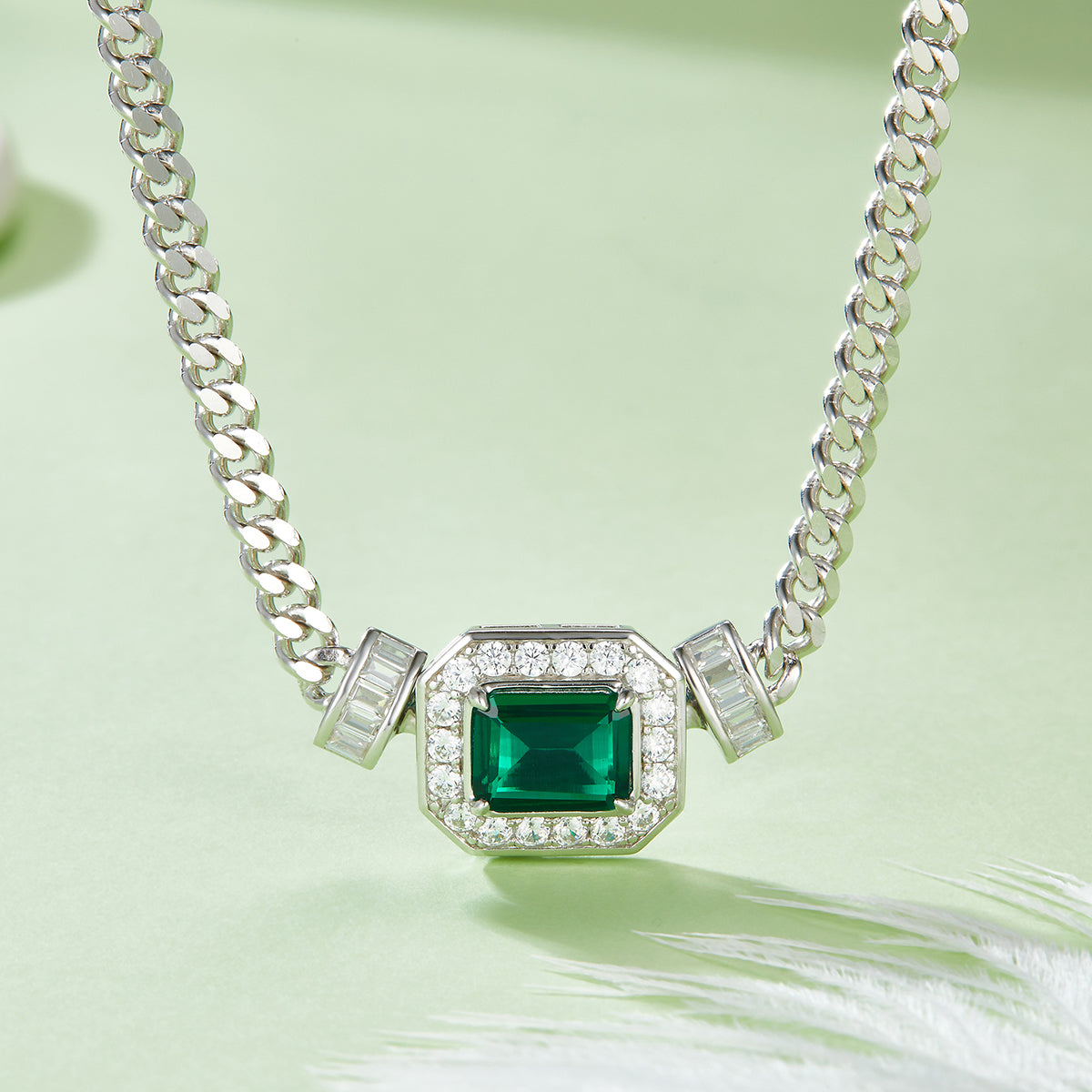 1.83 Carat Rectangular Lab Created Emerald Halo Necklace and Bracelet Set in S925 Silver Plated Platinum