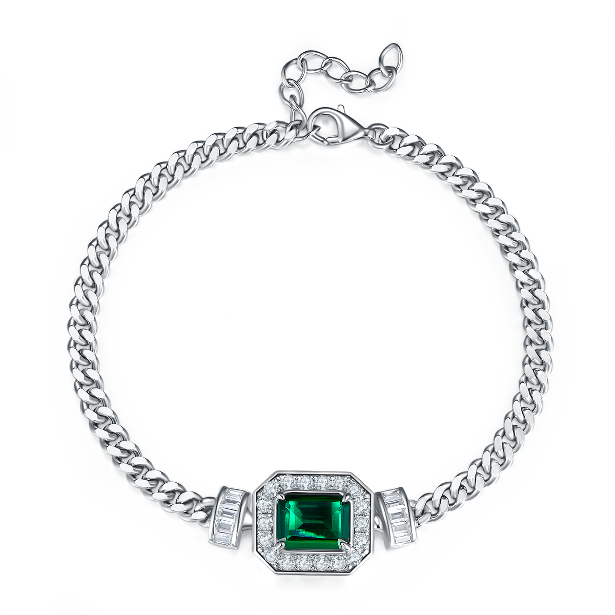 1.83 Carat Rectangular Lab Created Emerald Halo Necklace and Bracelet Set in S925 Silver Plated Platinum