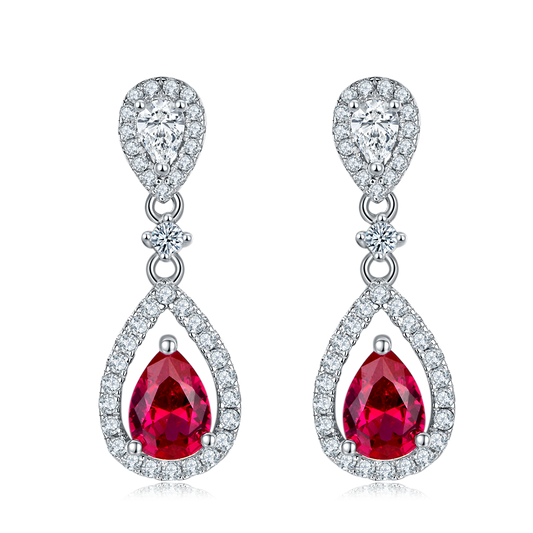 0.8 Carat Pear Shaped Lab Created Ruby Halo Drop Earrings in S925 Silver Plated Platinum