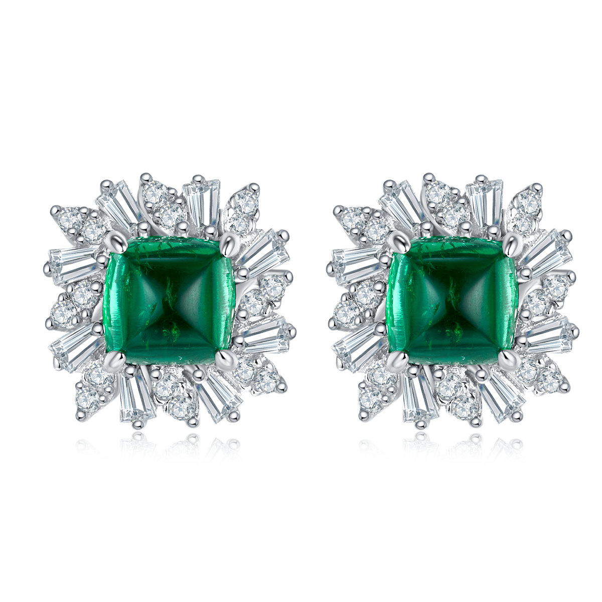 Square Lab Created Emerald Stud Earrings with Petal Halo in S925 Silver Plated Platinum - 3.2 Carat